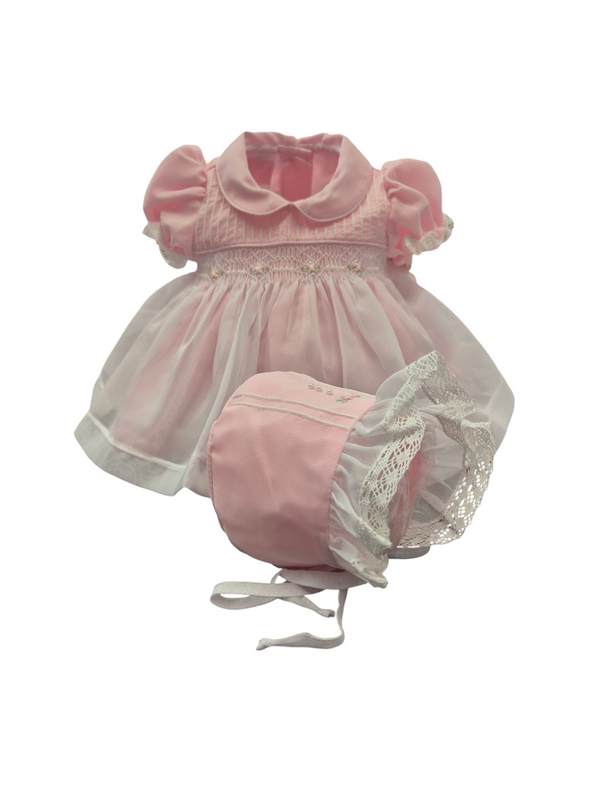 Will'Beth Precious Pink & White Smocked Dress With Bonnet - 06060