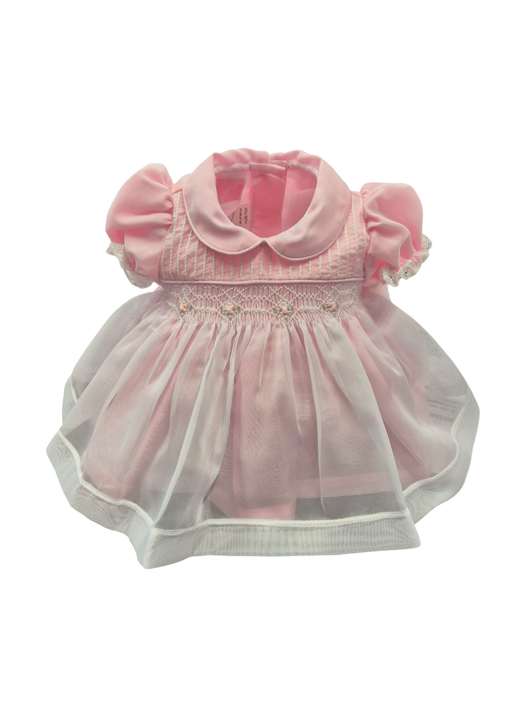 Will'Beth Precious Pink & White Smocked Dress With Bonnet - 06060