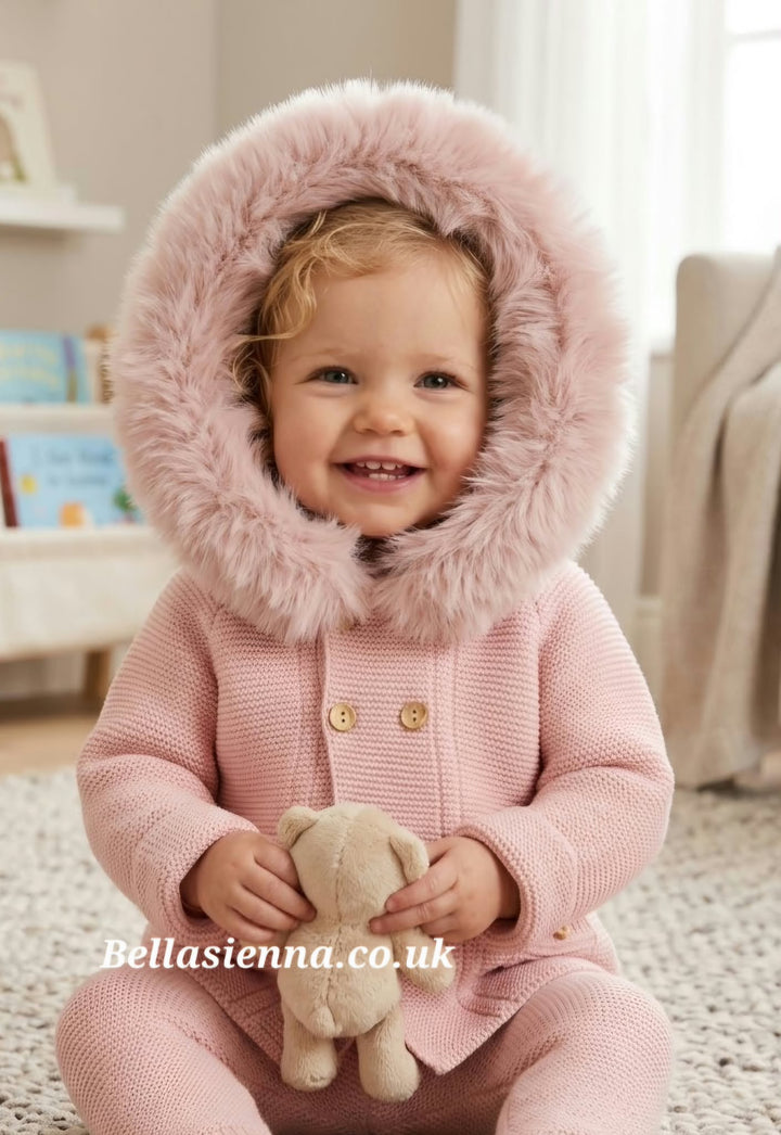 Pink Knitted Cardigan Jacket With Fur Trim Hood