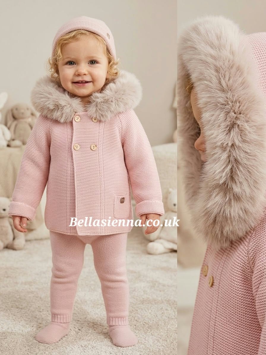 Pink Knitted Cardigan Jacket With Fur Trim Hood