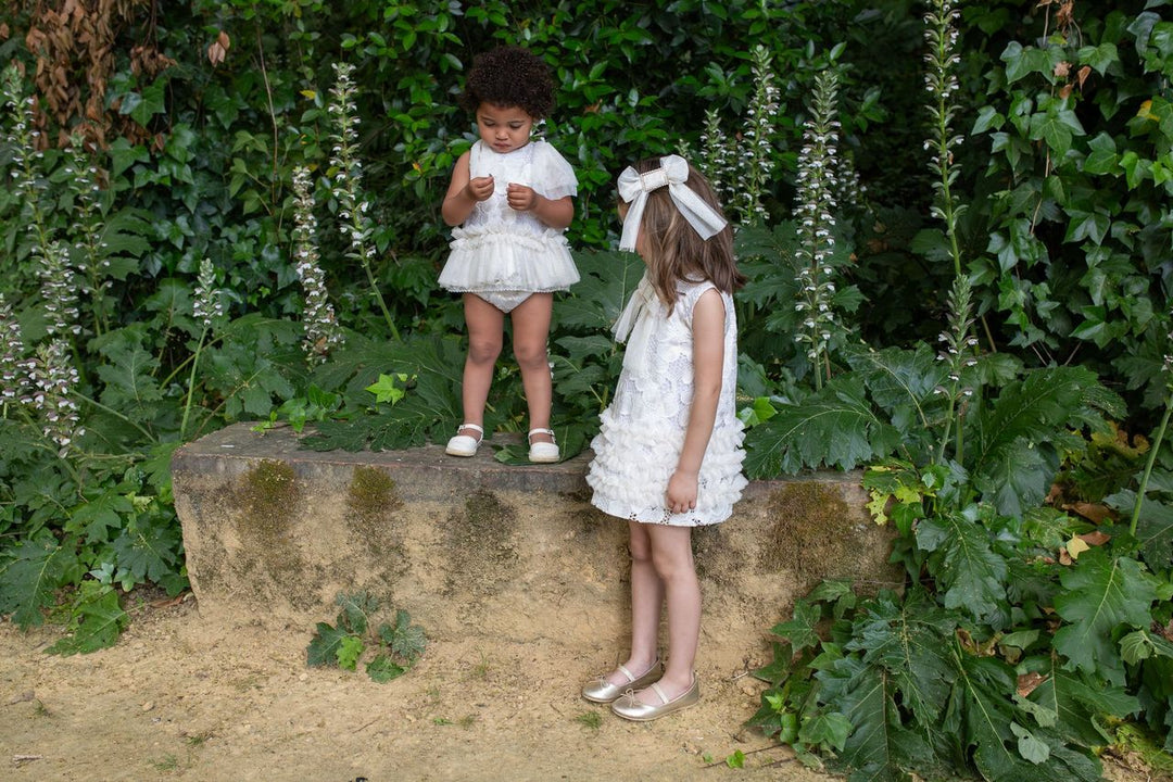 Naxos Girls Ivory & Gold Embroidered Dress & Pants Set With Tulle Detail - 7711