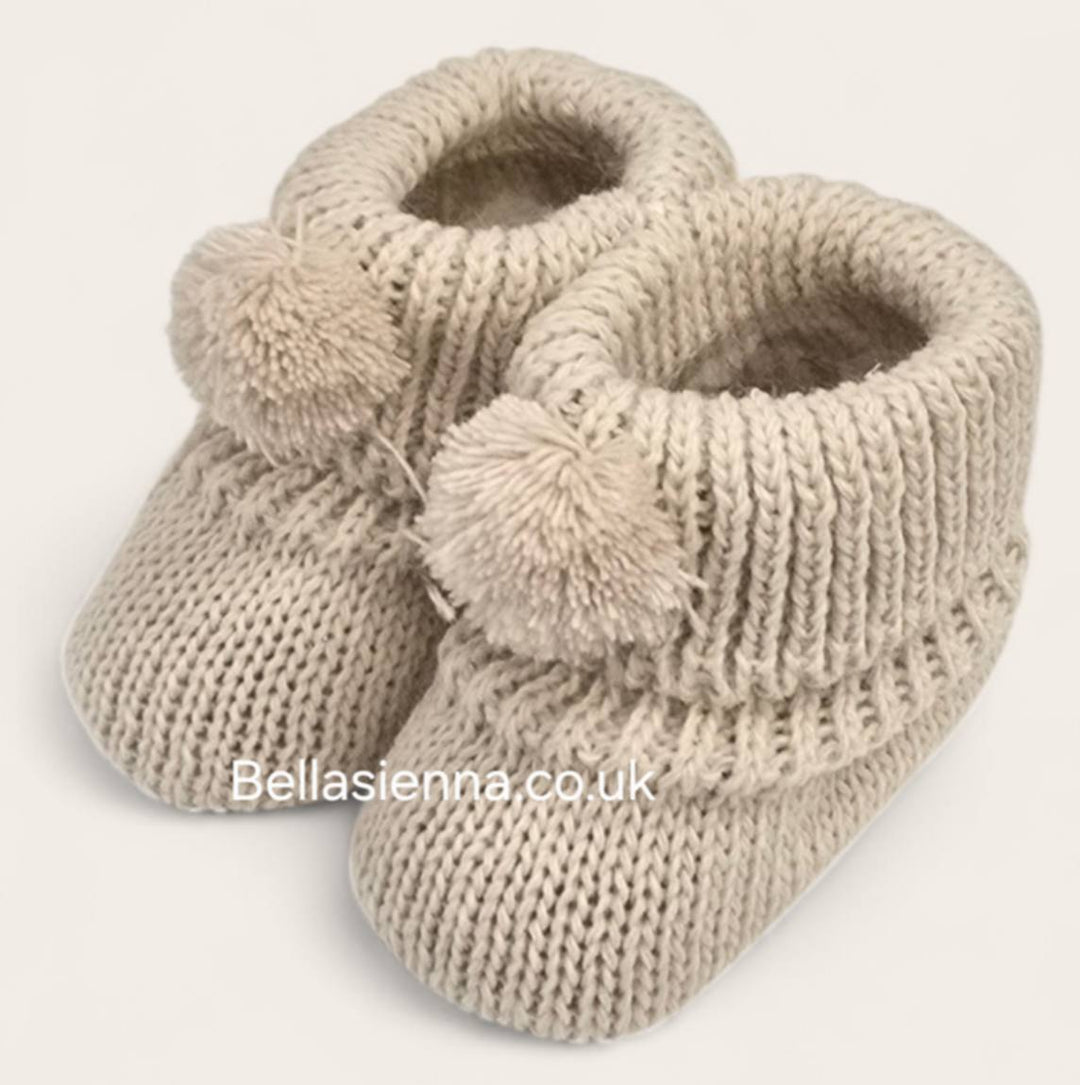 Bella Sienna Beige Knitted Unisex Baby Booties With Pom Pom - 74