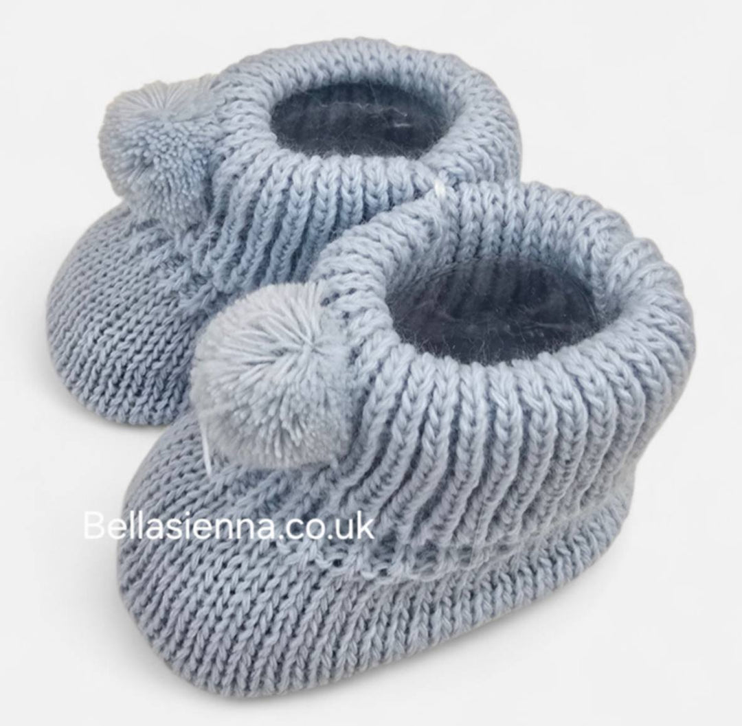Bella Sienna Blue Knitted Unisex Baby Booties With Pom Pom - 74