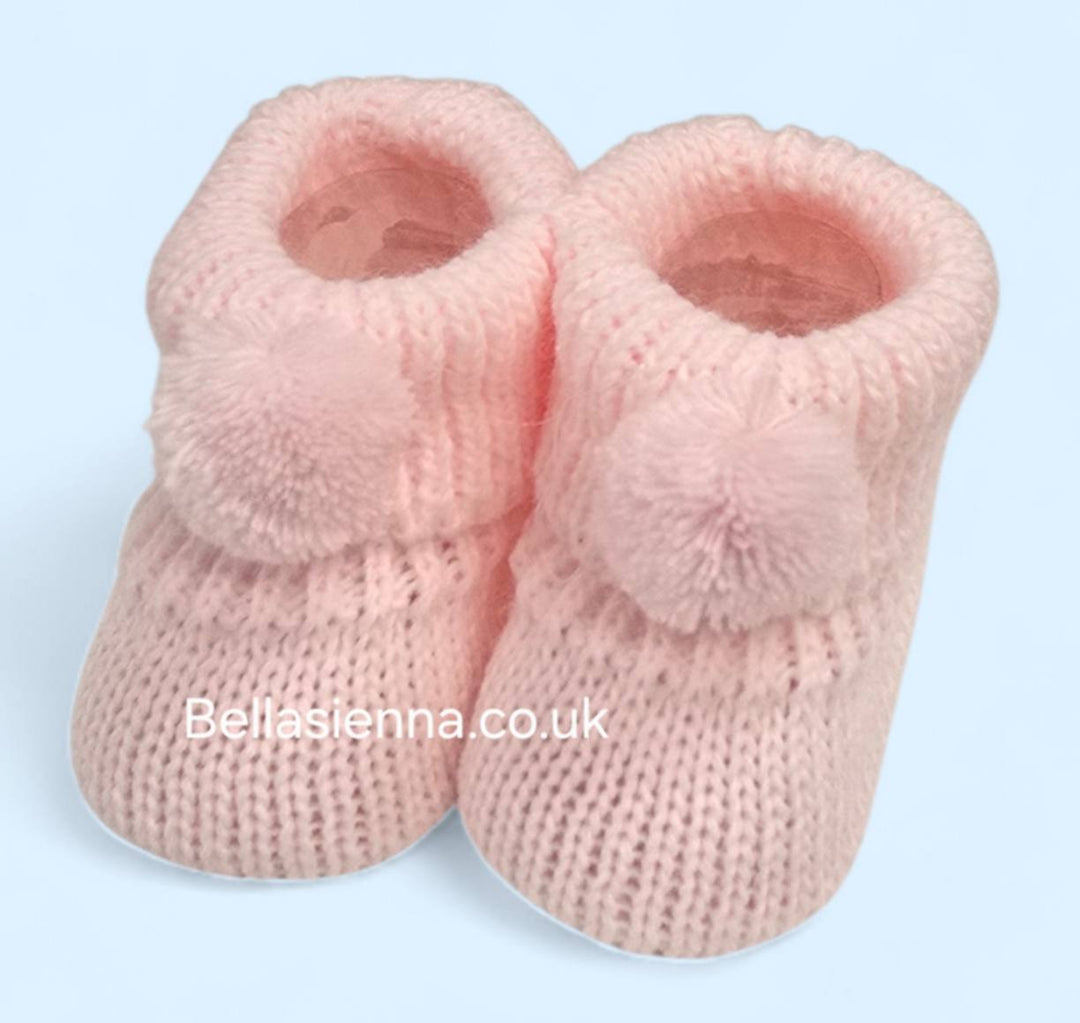 Bella Sienna Pink Knitted Baby Booties With Pom Pom - 74