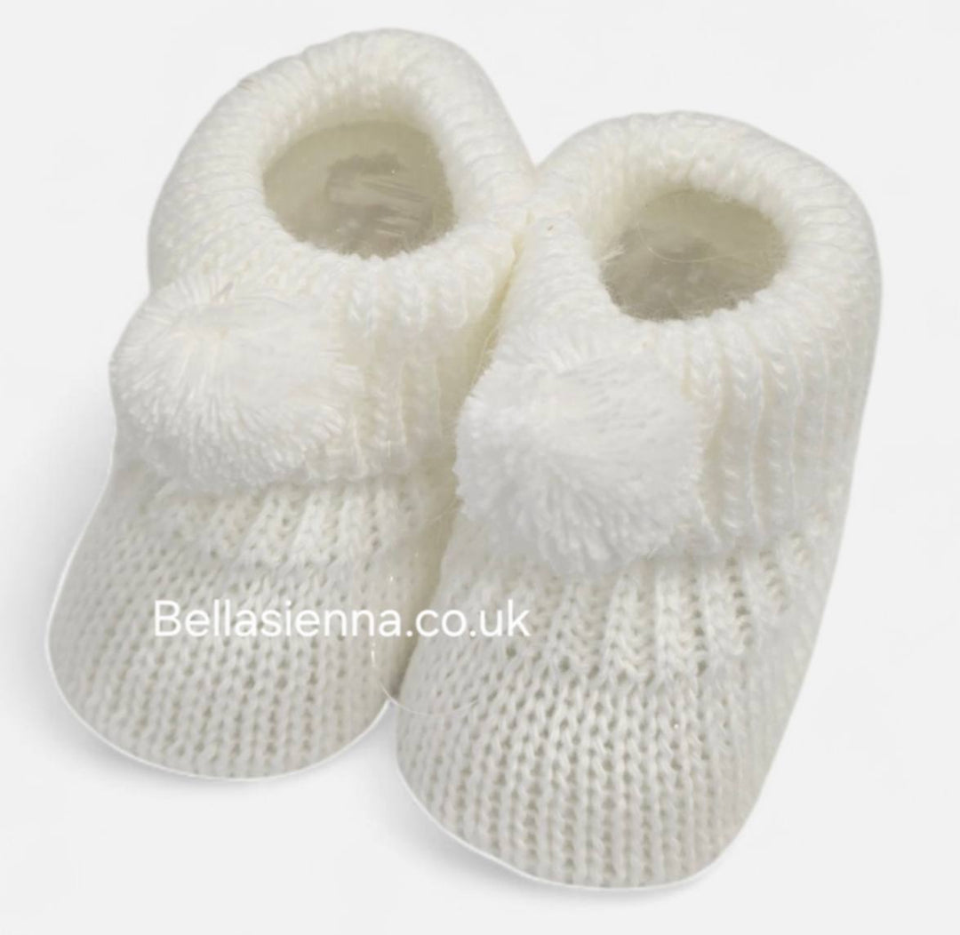 Bella Sienna White Knitted Unisex Baby Booties With Pom Pom - 74