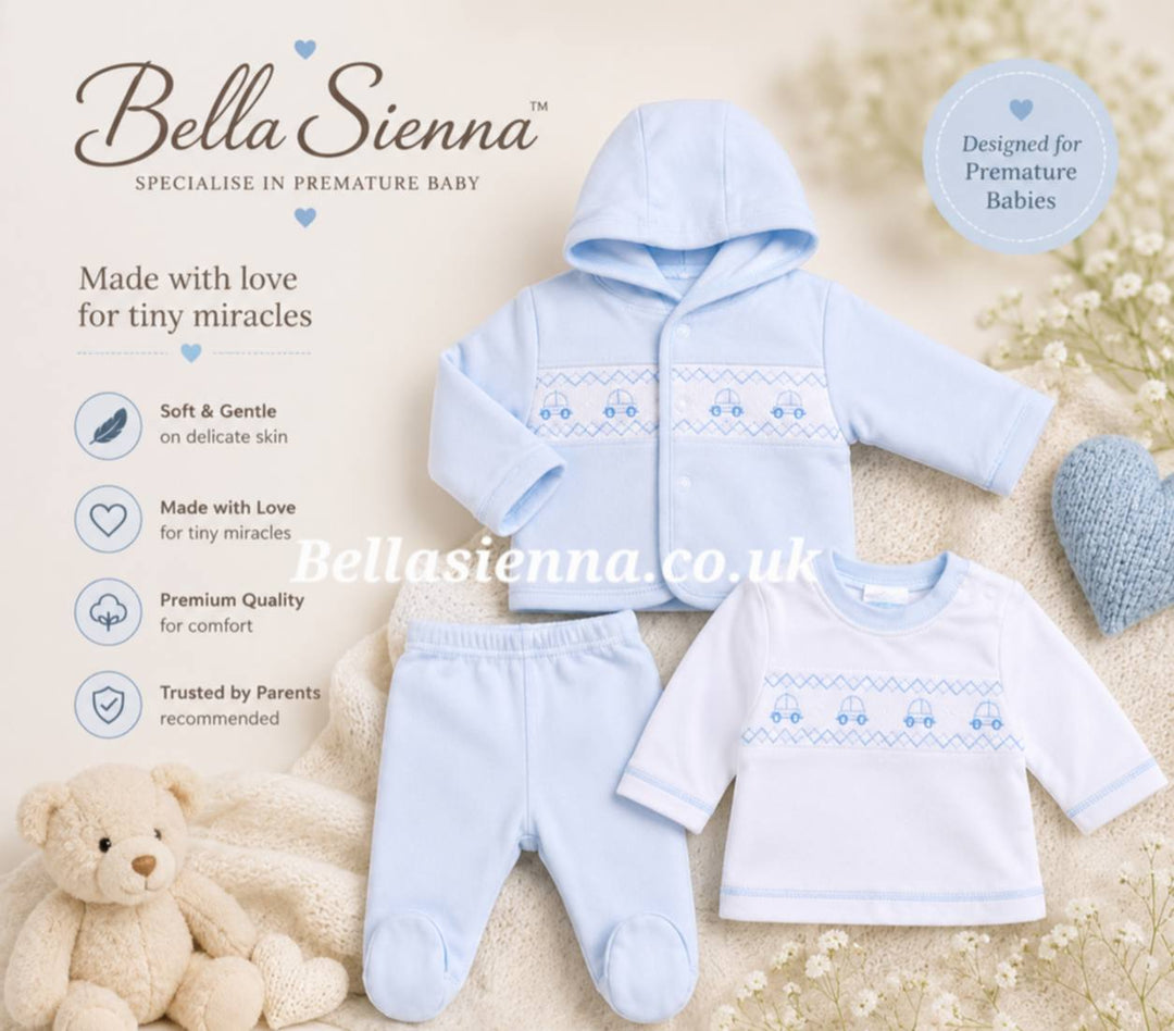Premature Baby Blue Three Piece Smocked Outfit With Embroidered Cars - 40JTC9759