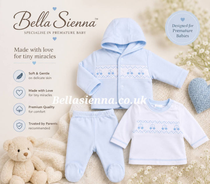 Premature Baby Blue Three Piece Smocked Outfit With Embroidered Cars - 40JTC9759