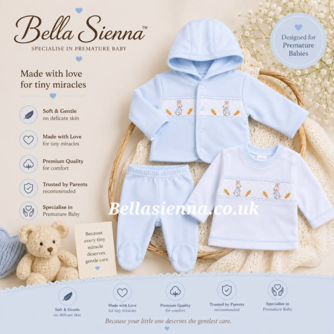 Premature Baby Blue Three Piece Smocked Outfit With Embroidered Rabbits - 40JTC9757