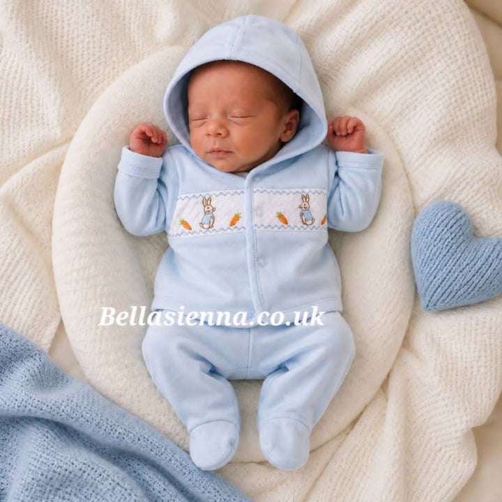 Premature Baby Blue Three Piece Smocked Outfit With Embroidered Rabbits - 40JTC9757