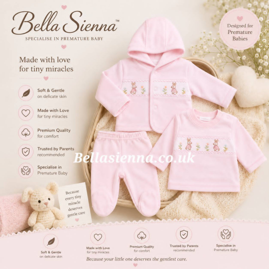 Premature Baby Pink Three Piece Smocked Outfit With Embroidered Rabbits - 40JTC9757