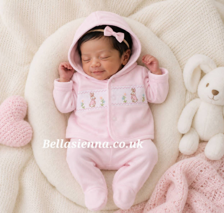 Premature Baby Pink Three Piece Smocked Outfit With Embroidered Rabbits - 40JTC9757