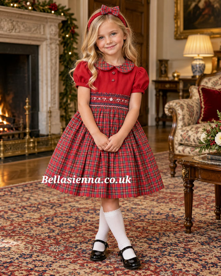Pretty Originals Red Tartan Hand Smocked Dress & Headband - MC01371