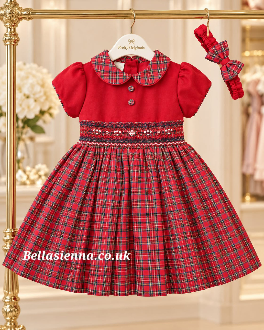 Pretty Originals Red Tartan Hand Smocked Dress & Headband - MC01371