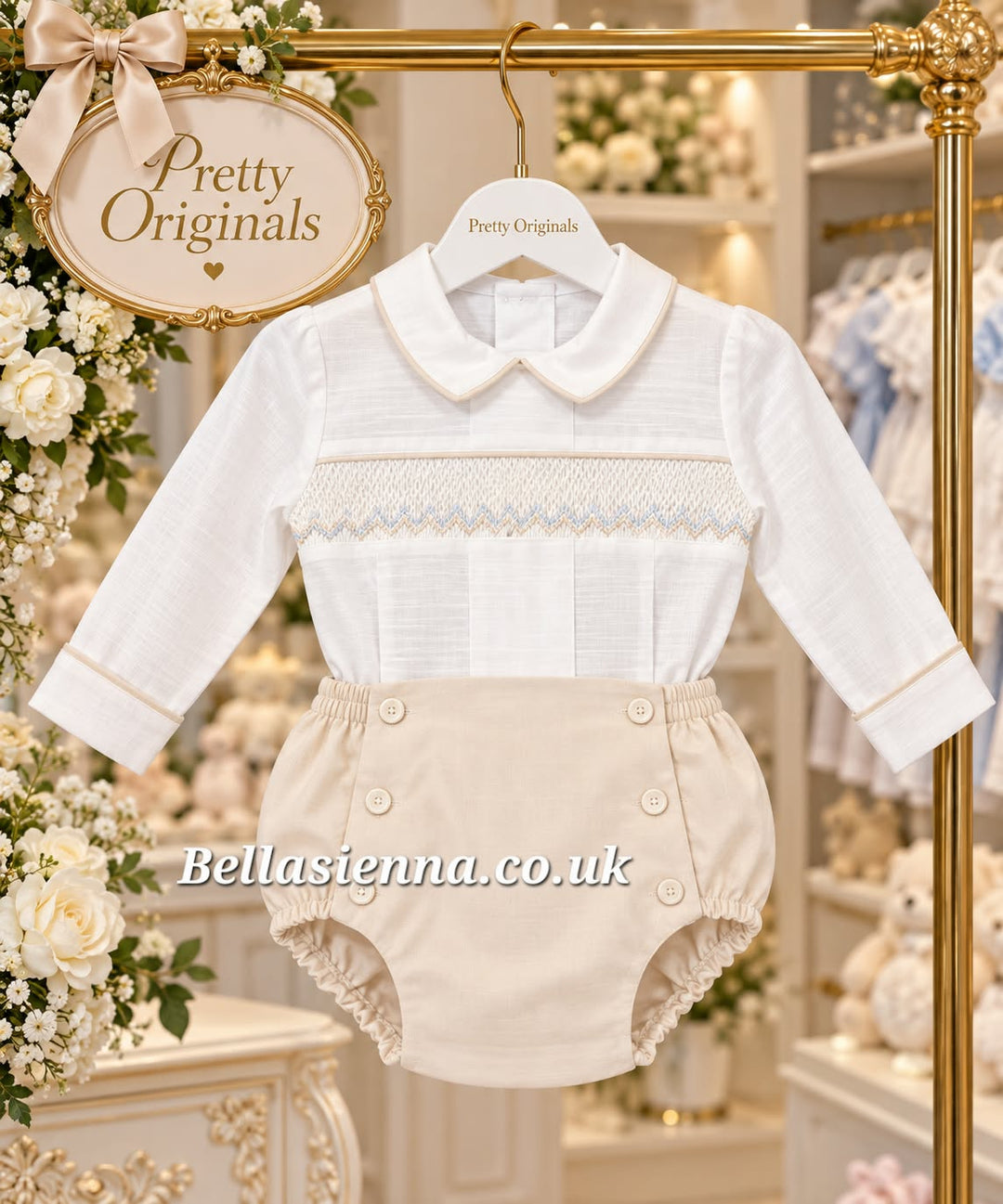 Pretty Originals Boys Ivory, Beige & Blue Hand Smocked Outfit - DL08195N2