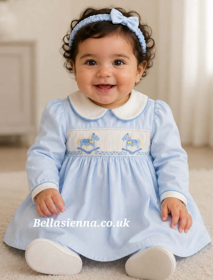 Pretty Originals Girls Blue Smocked Rocking Horse Dress, Bloomers & Headband - BD02337