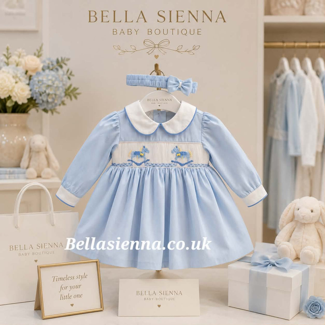 Pretty Originals Girls Blue Smocked Rocking Horse Dress, Bloomers & Headband - BD02337