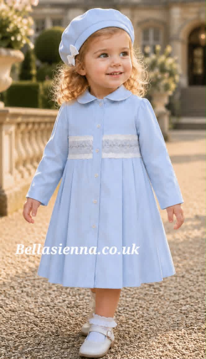 Pretty Originals Pale Blue Traditional Smocked Autumn/Winter Coat And Beret - Exclusive to Bella Sienna - BD02127