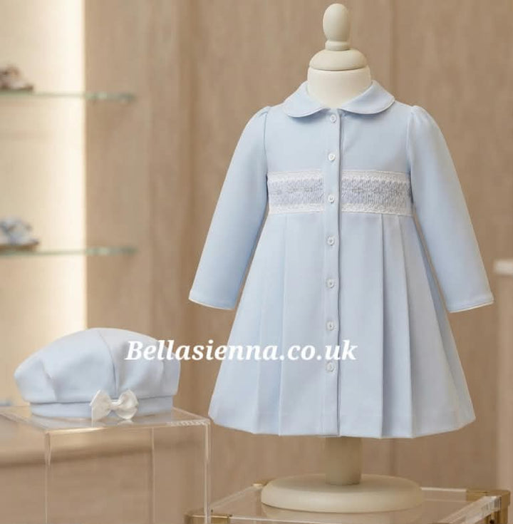 Pretty Originals Pale Blue Traditional Smocked Autumn/Winter Coat And Beret - Exclusive to Bella Sienna - BD02127