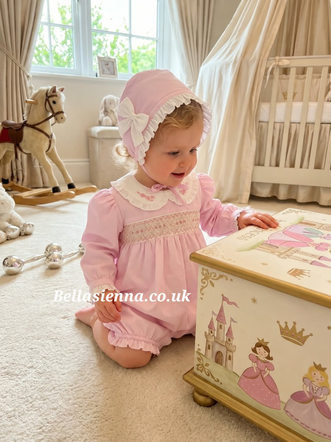 Pretty Originals Pink Hand Smocked Romper & Matching Bonnet - BD02267