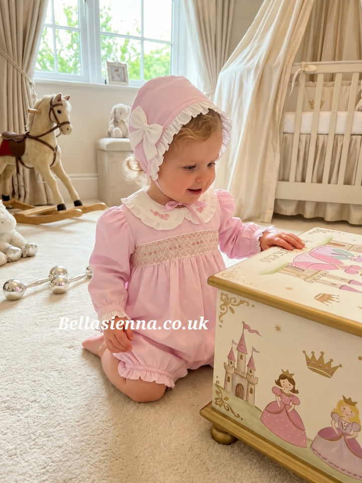 Pretty Originals Pink Hand Smocked Romper & Matching Bonnet - BD02267