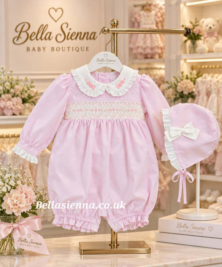 Pretty Originals Pink Hand Smocked Romper & Matching Bonnet - BD02267