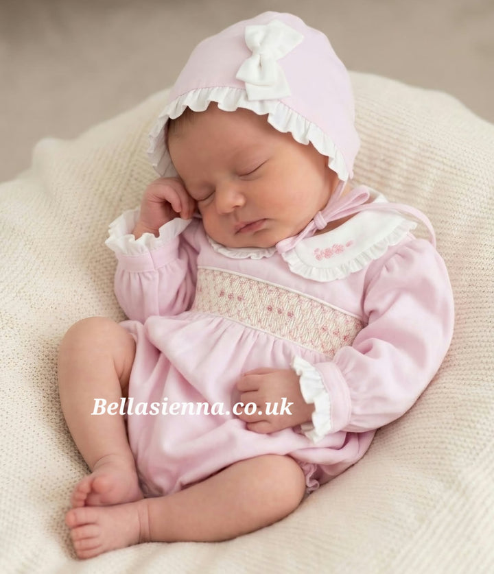 Pretty Originals Pink Hand Smocked Romper & Matching Bonnet - BD02267