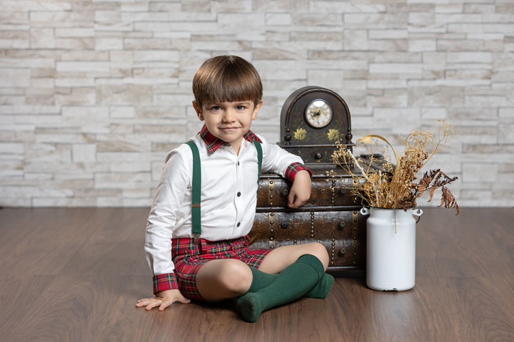 Abuela Tata Red & Green Tartan Boys Shirt & Shorts Set - 43099349