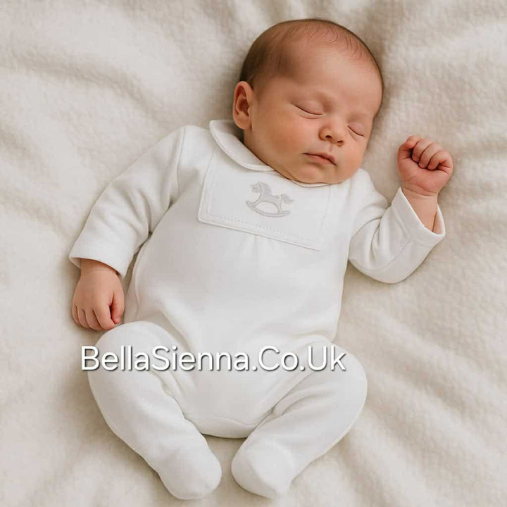 White Velour Rocking Horse All In One Sleepsuit Babygrow - BB2077