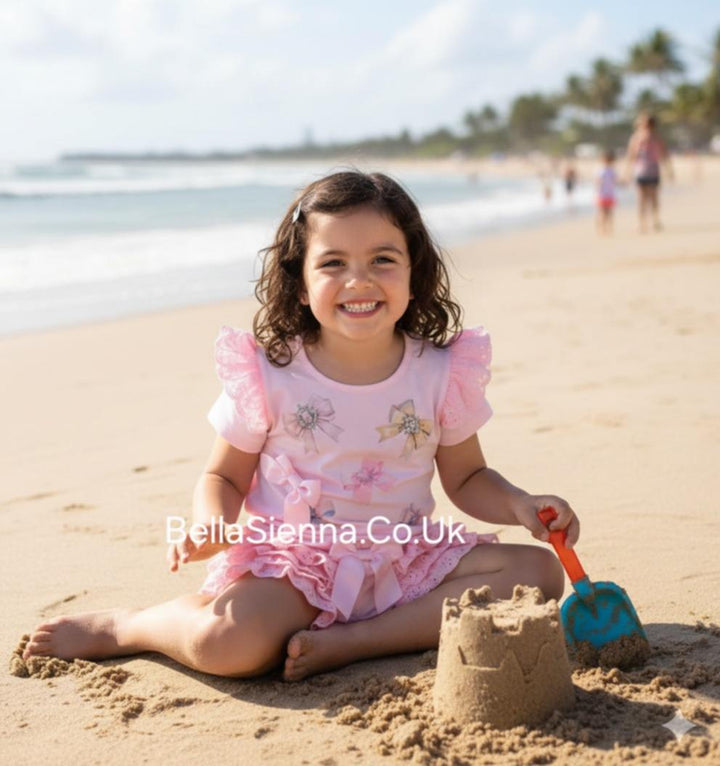 Pink "Bow" Anglaise Frilly Shorts Set - S215