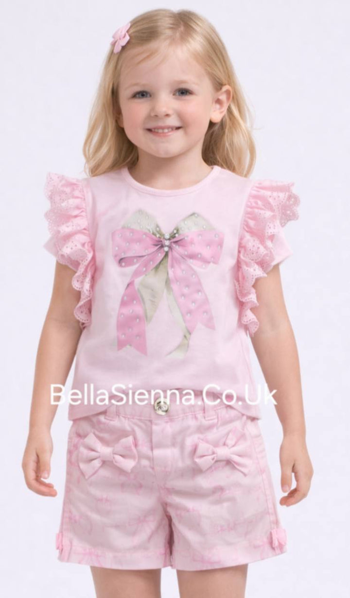 Pink "Bow" Anglaise Frill Shorts Set - S216