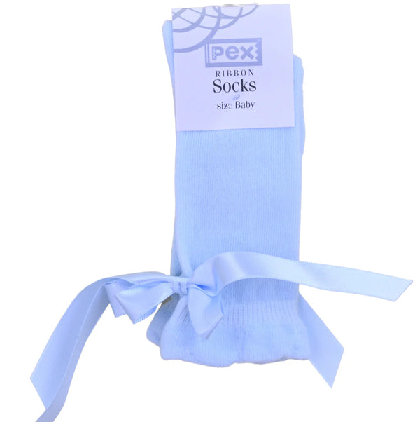Girls Knee High Blue Ribbon Bow Socks