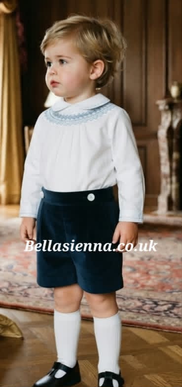 Boys Two Piece Hand Smocked Shirt & Velvet Shorts Set - Ivory & French Navy - 013431