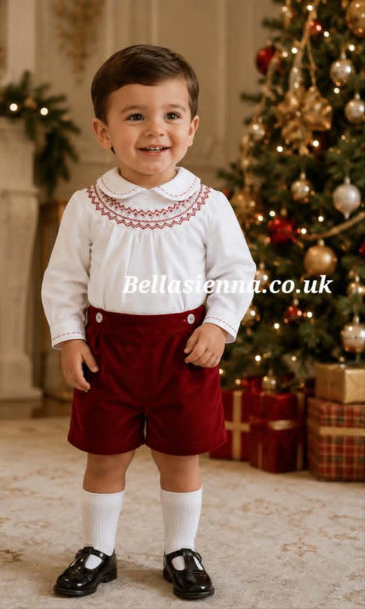 Boys Two Piece Hand Smocked Shirt & Velvet Shorts Set - Ivory & Burgundy - 013431