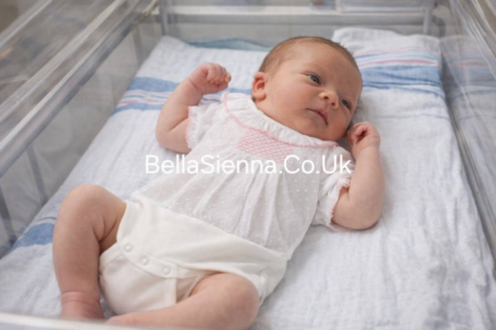 Sardon Smocked Frilly Collar Bodysuit with Pink Trim