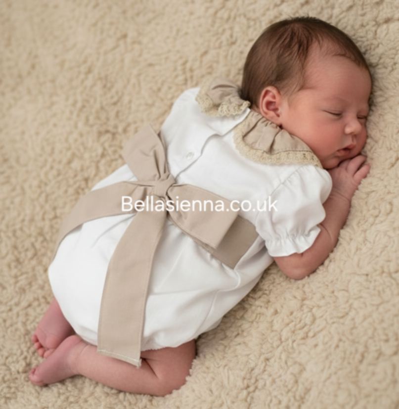 Girls White & Beige Smocked Romper With Bow On The Back - SG105