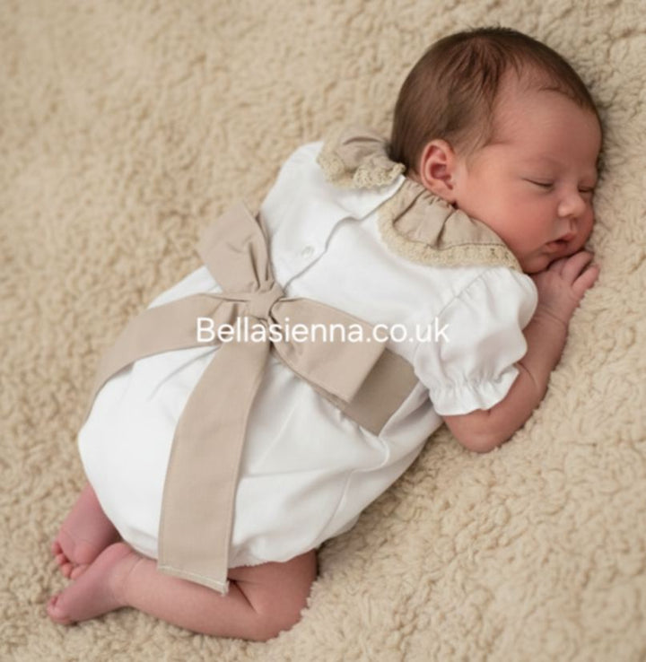 Girls White & Beige Smocked Romper With Bow On The Back - SG105