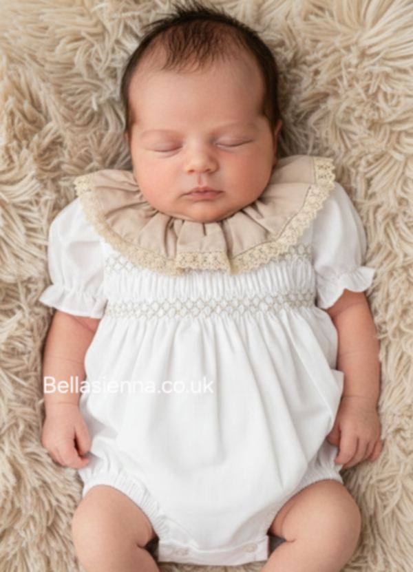 Girls White & Beige Smocked Romper With Bow On The Back - SG105