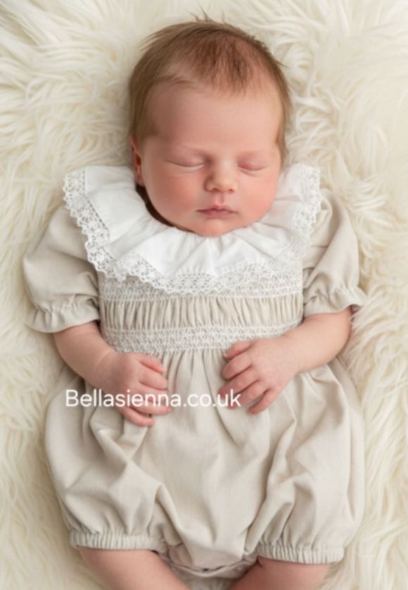 Girls Beige & White Smocked Romper With Bow On The Back - SG105