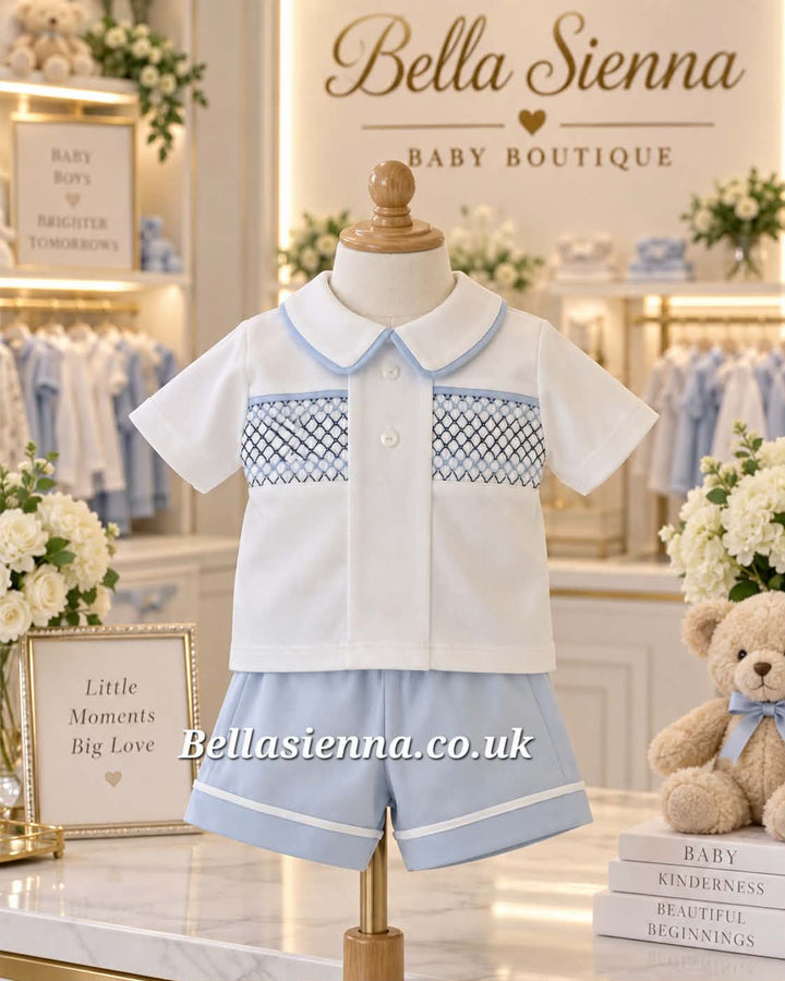 Blue, White & Navy Cotton, Smocked Boys Shorts Set - SG111