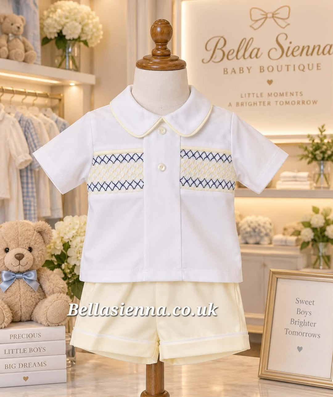 Lemon, White & Navy Cotton, Smocked Boys Shorts Set - SG111