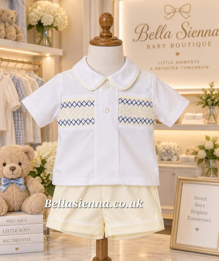 Lemon, White & Navy Cotton, Smocked Boys Shorts Set - SG111