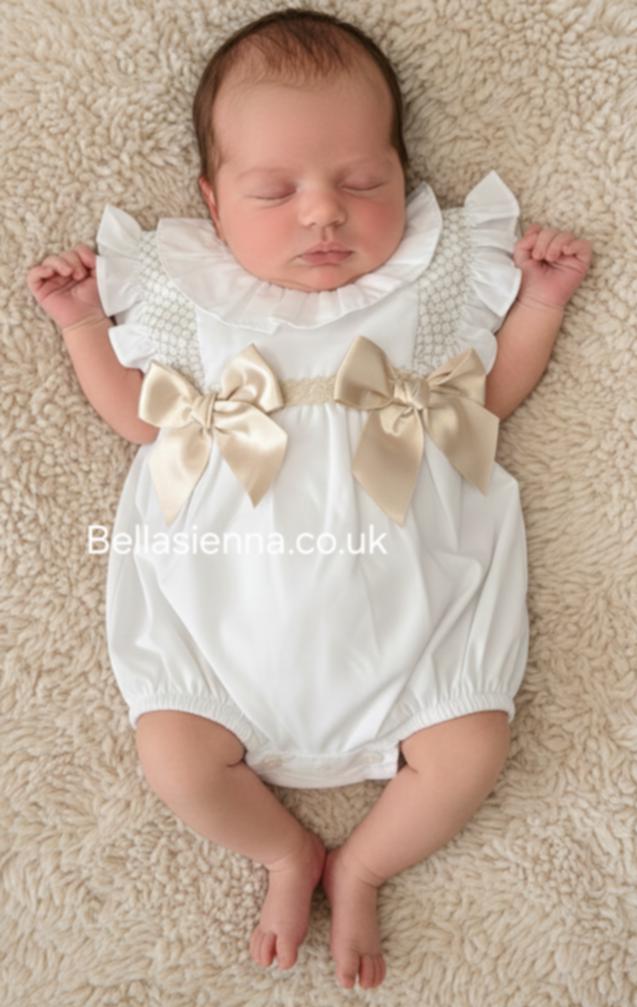 Girls White & Beige Smocked Romper With Bows On The Front - SG122
