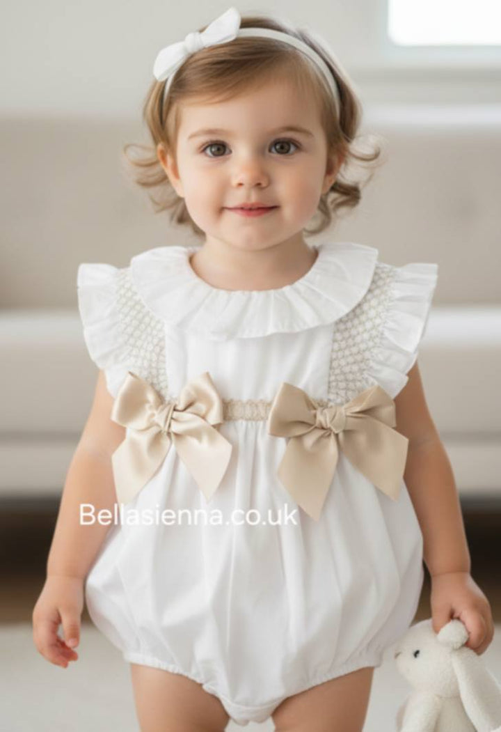 Girls White & Beige Smocked Romper With Bows On The Front - SG122