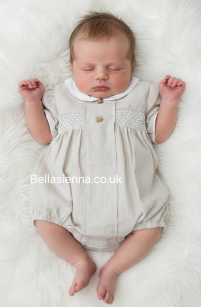 Boys Beige & White Smocked Romper - SG165