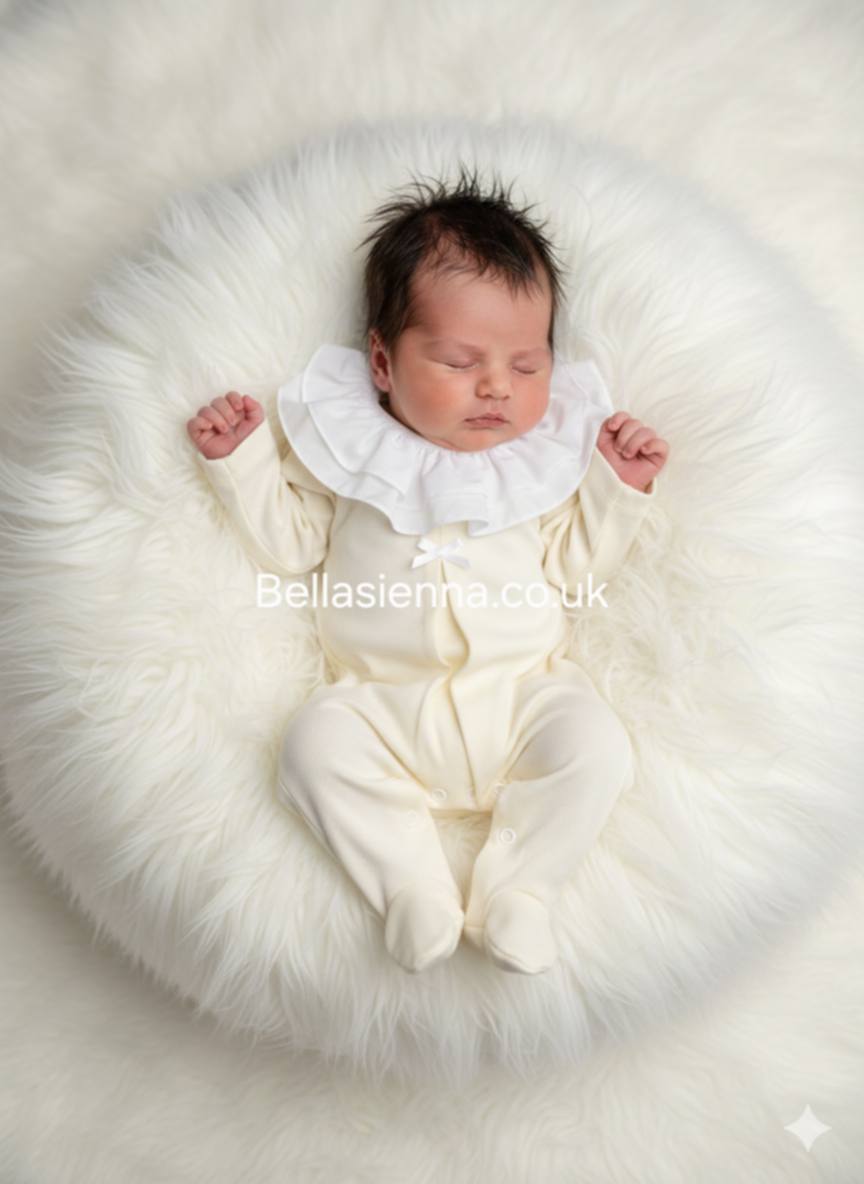 Girls Lemon & White 100% Cotton All In One Babygrow - Sleepsuit With Frilly Collar & Bow - SG183