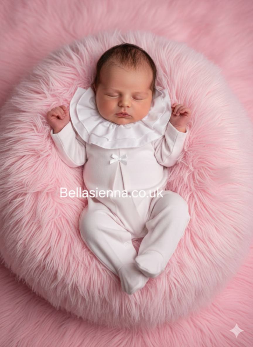 Girls Pink & White 100% Cotton All In One Babygrow - Sleepsuit With Frilly Collar & Bow - SG183