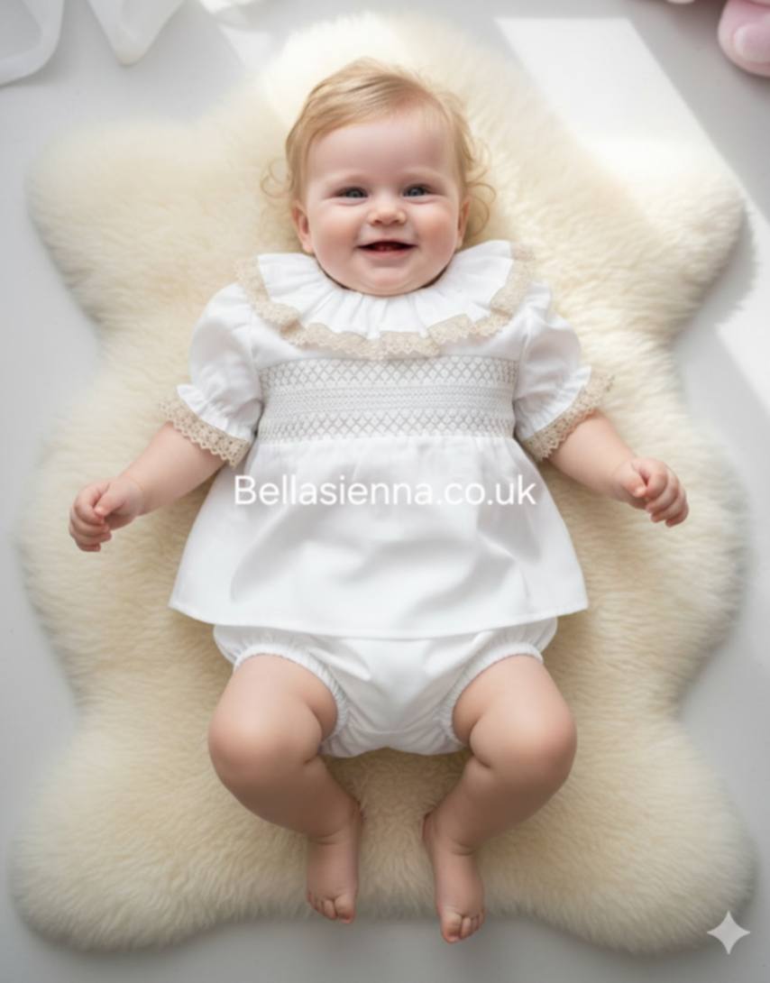 Girls White & Beige Smocked Two Piece Set With Lace Trim - SG226