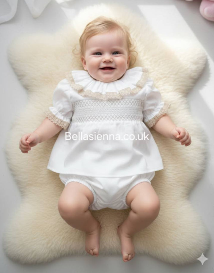 Girls White & Beige Smocked Two Piece Set With Lace Trim - SG226