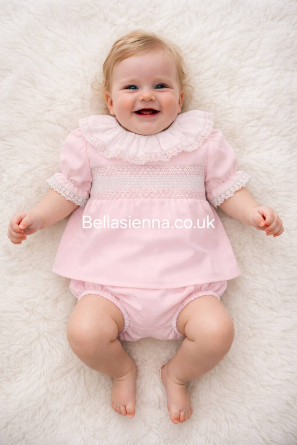 Girls Pink & White Smocked Two Piece Set With Lace Trim - SG226