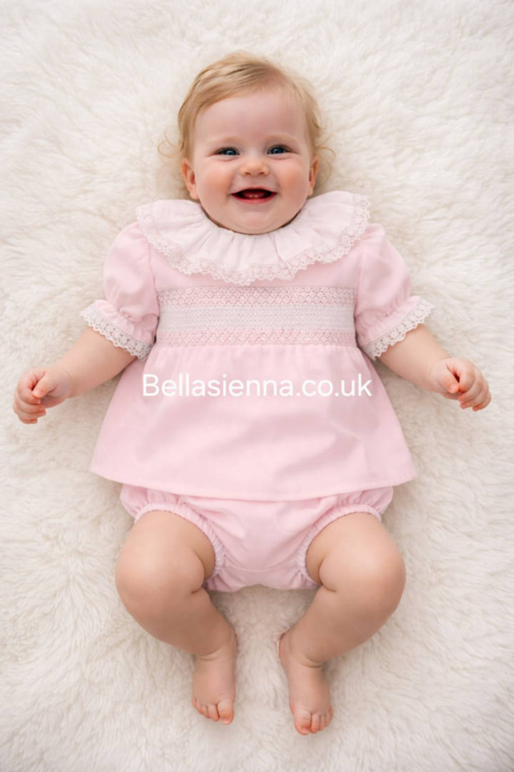 Girls Pink & White Smocked Two Piece Set With Lace Trim - SG226